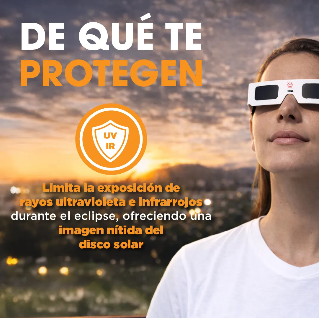 Infografía nocturna de las gafas de eclipse Tottal explicando su protección UV