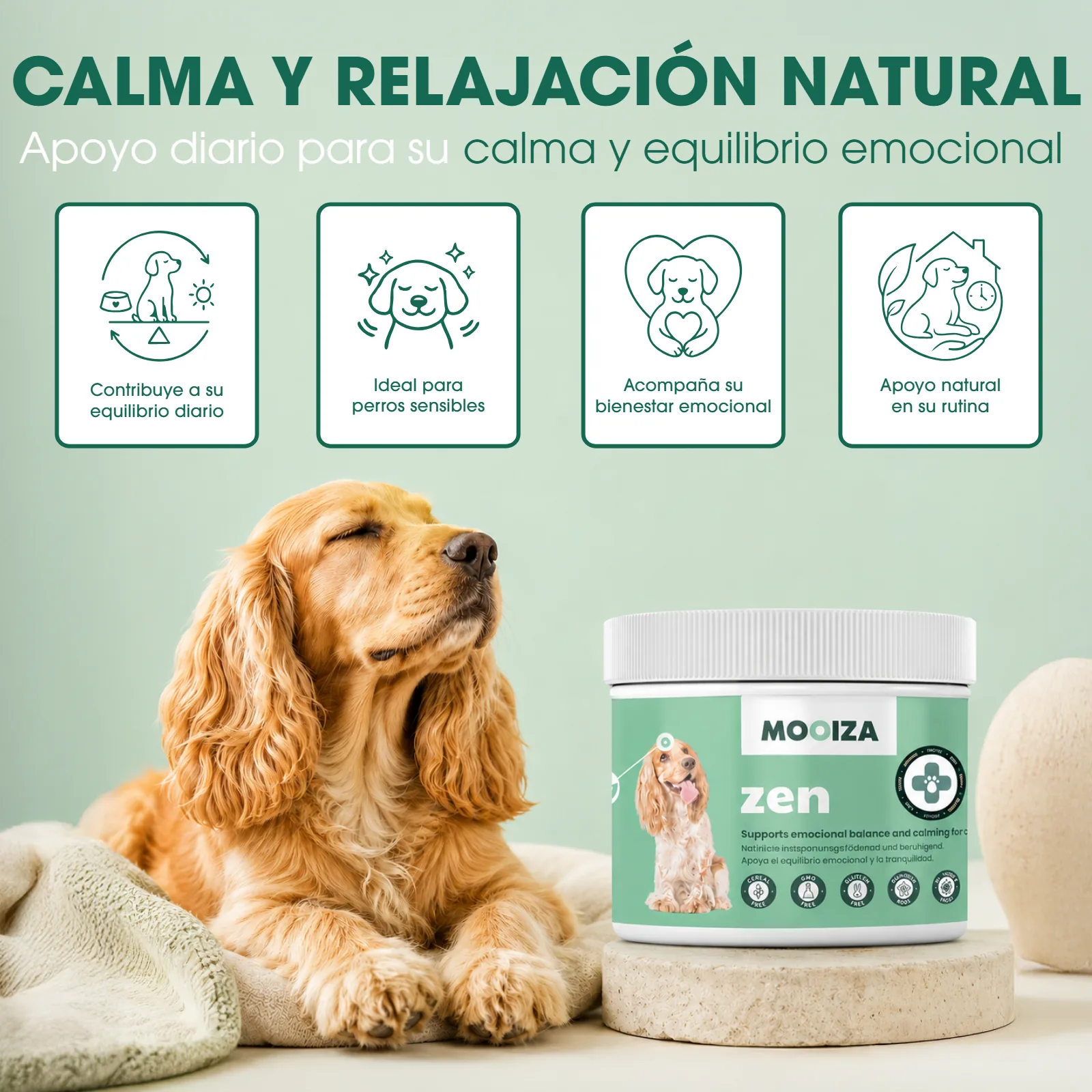 Listado principal de Mooiza Zen, suplemento calmante para perros