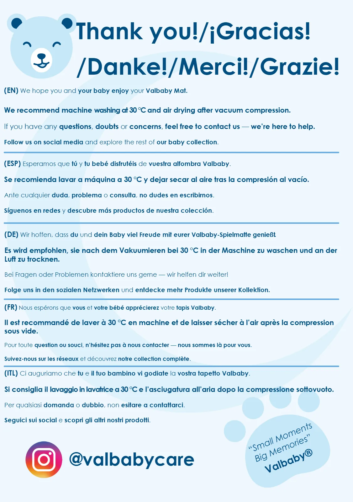 Carta de agradecimiento postventa — 5 idiomas — proyecto Valbaby