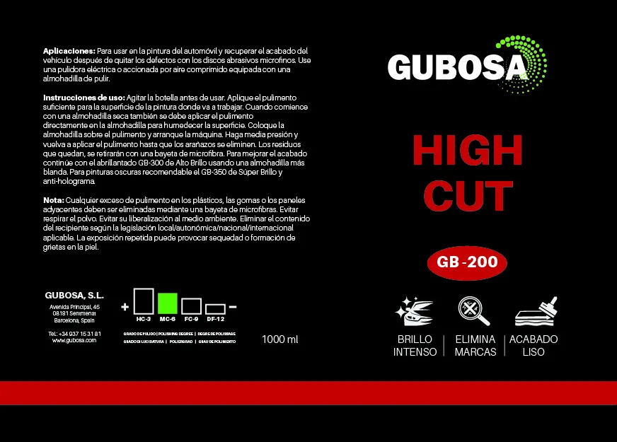 Etiqueta del pulimento High Cut GB-200 de Gubosa Detailing