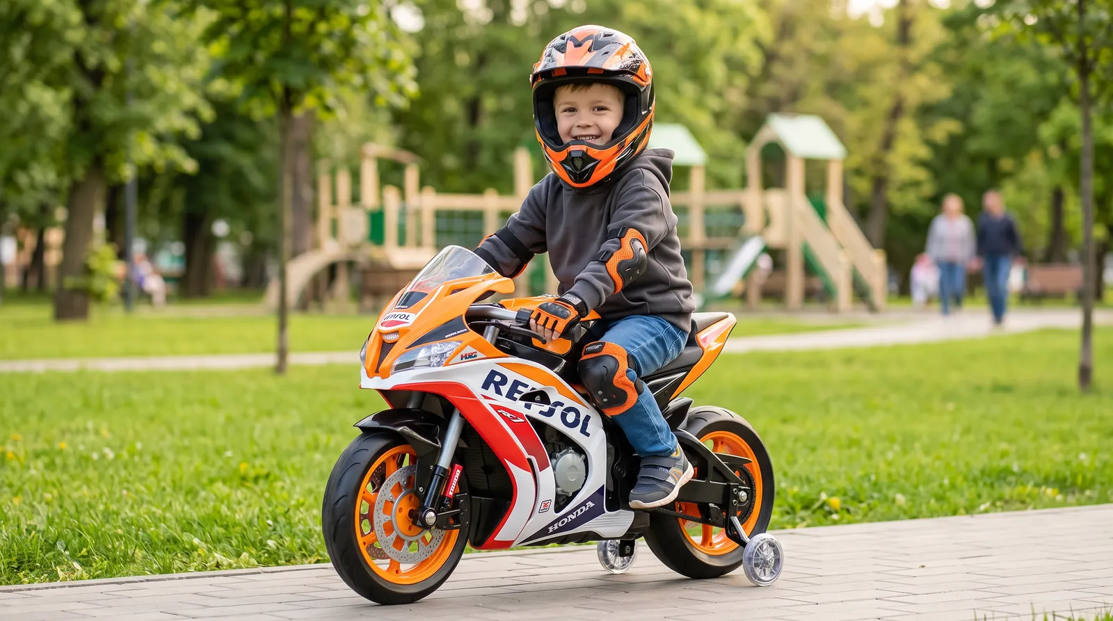 Niño montado en una moto eléctrica Repsol de INJUSA en un parque